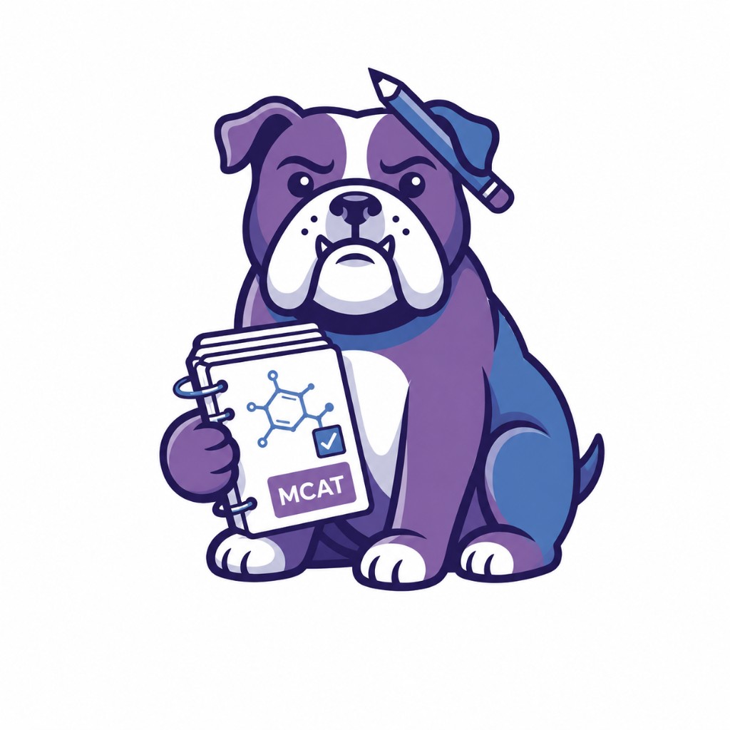 Bulldog mascot holding an MCAT study notebook
