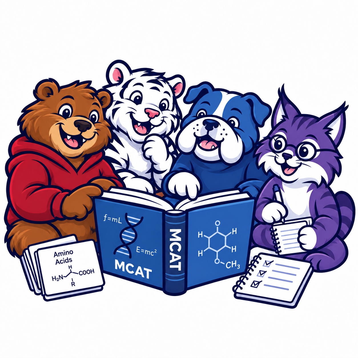 Bear, tiger, bulldog, and cat mascots gathered around an MCAT textbook