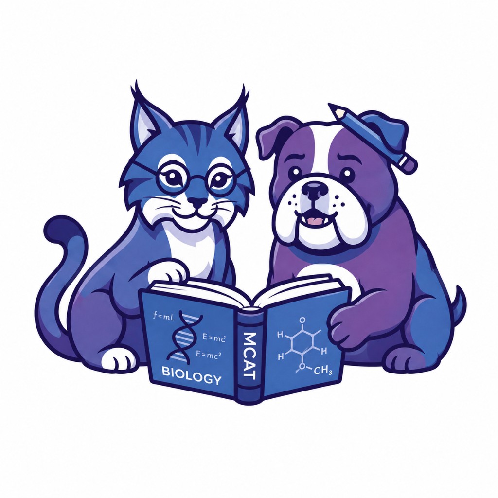 Cat and dog mascots studying an MCAT textbook together